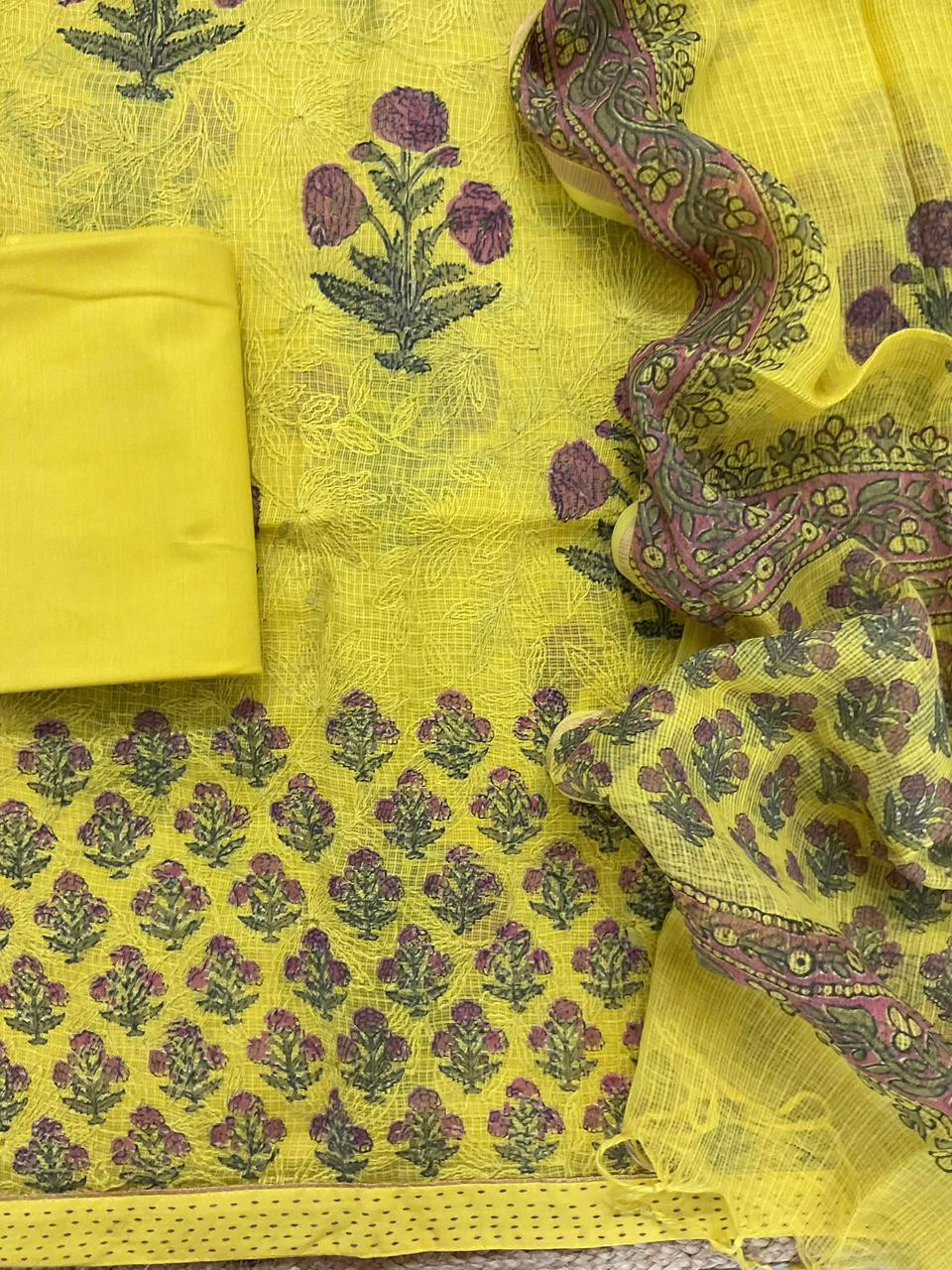 Pure Kota Cotton Block Printed Embroidered Suit - Yellow