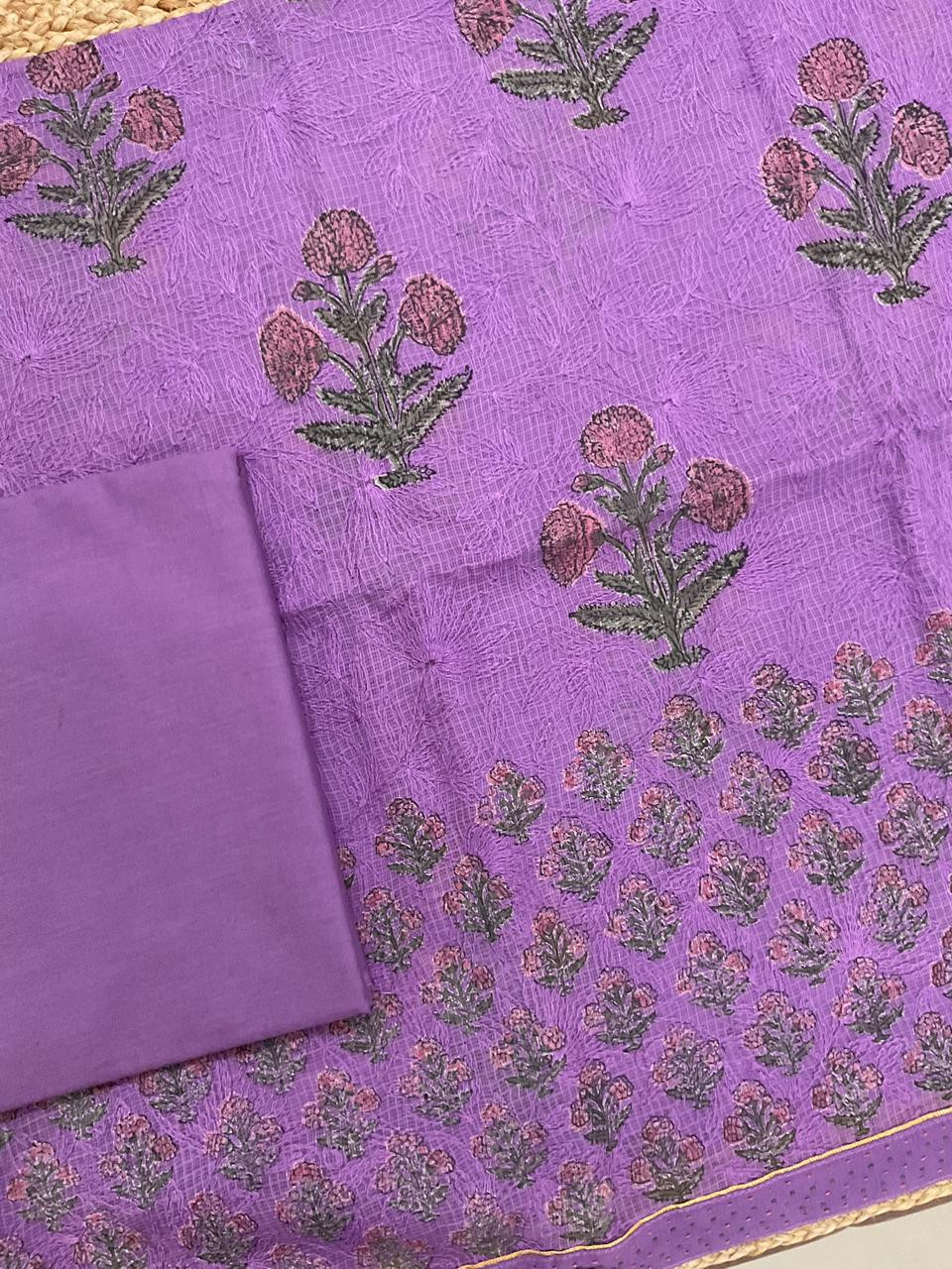 Pure Kota Cotton Block Printed Embroidered Suit - Purple
