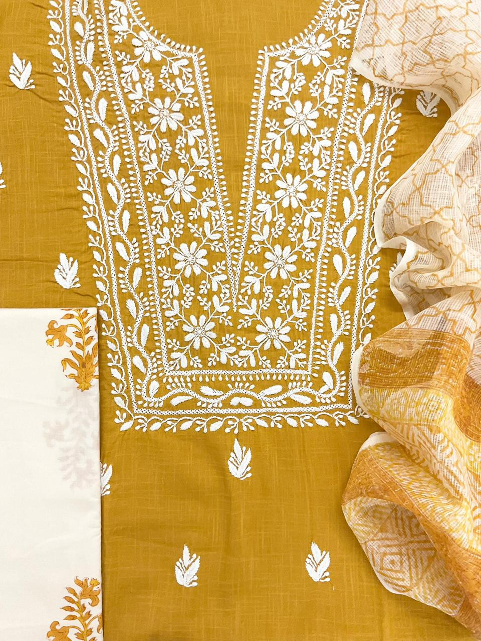 Pure Cotton Printed Embroidered Suit - Yellow