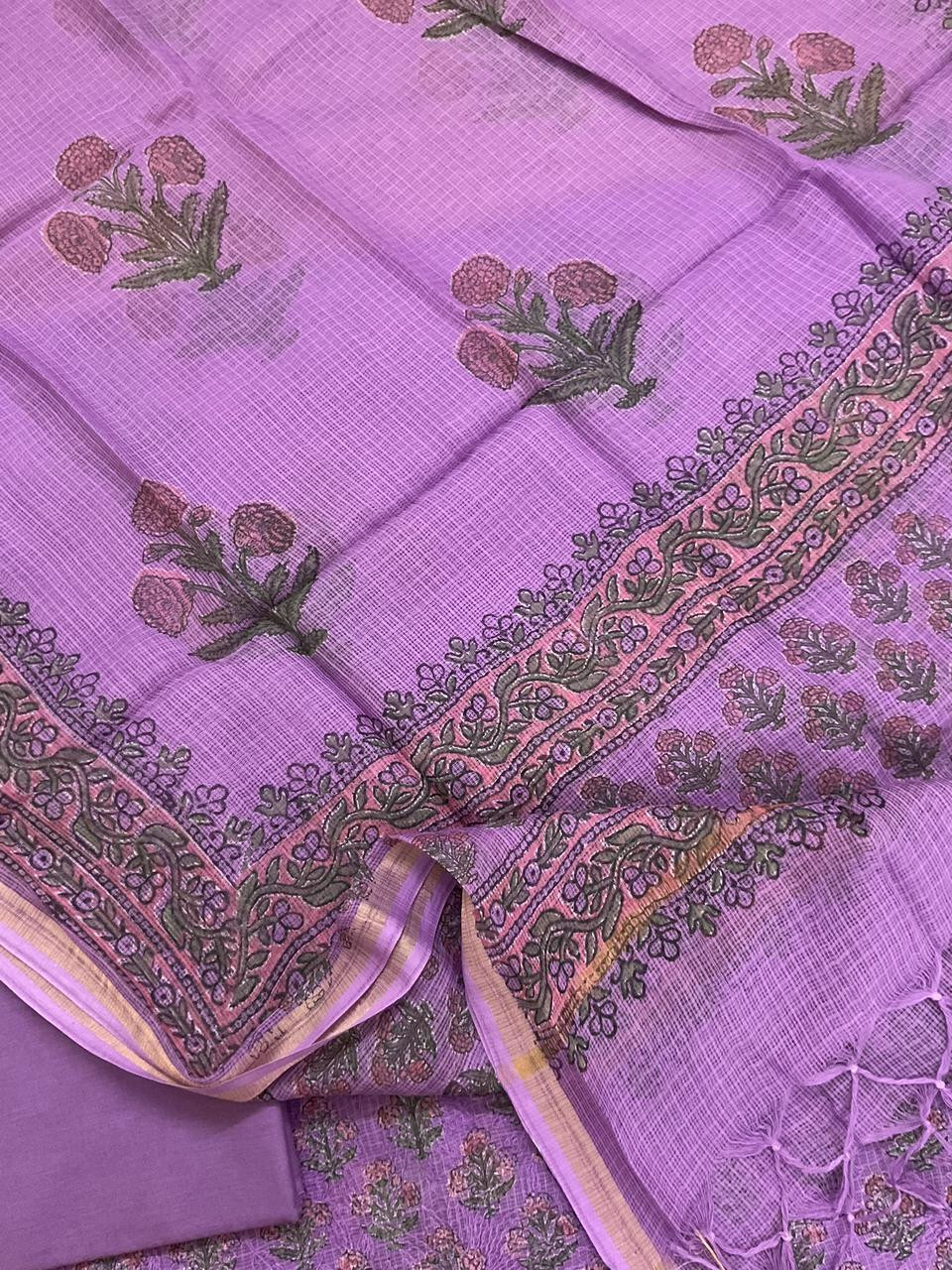 Pure Kota Cotton Block Printed Embroidered Suit - Purple