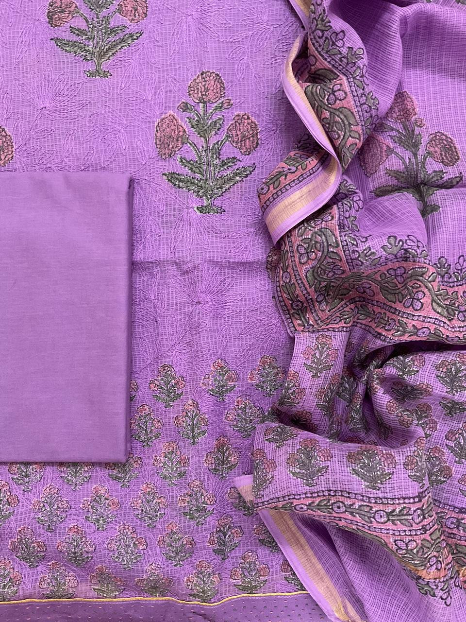 Pure Kota Cotton Block Printed Embroidered Suit - Purple
