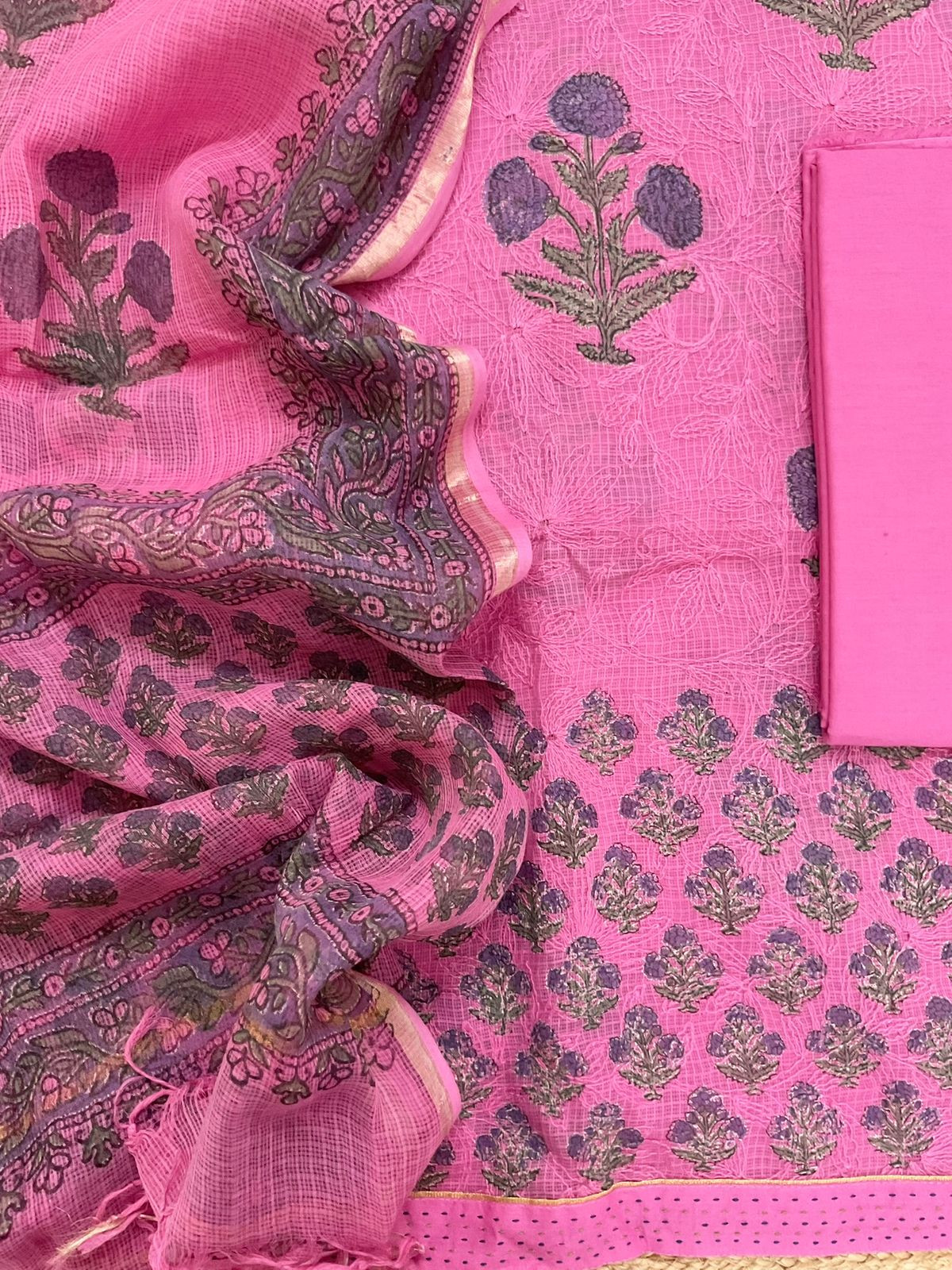 Pure Kota Cotton Block Printed Embroidered Suit - Pink