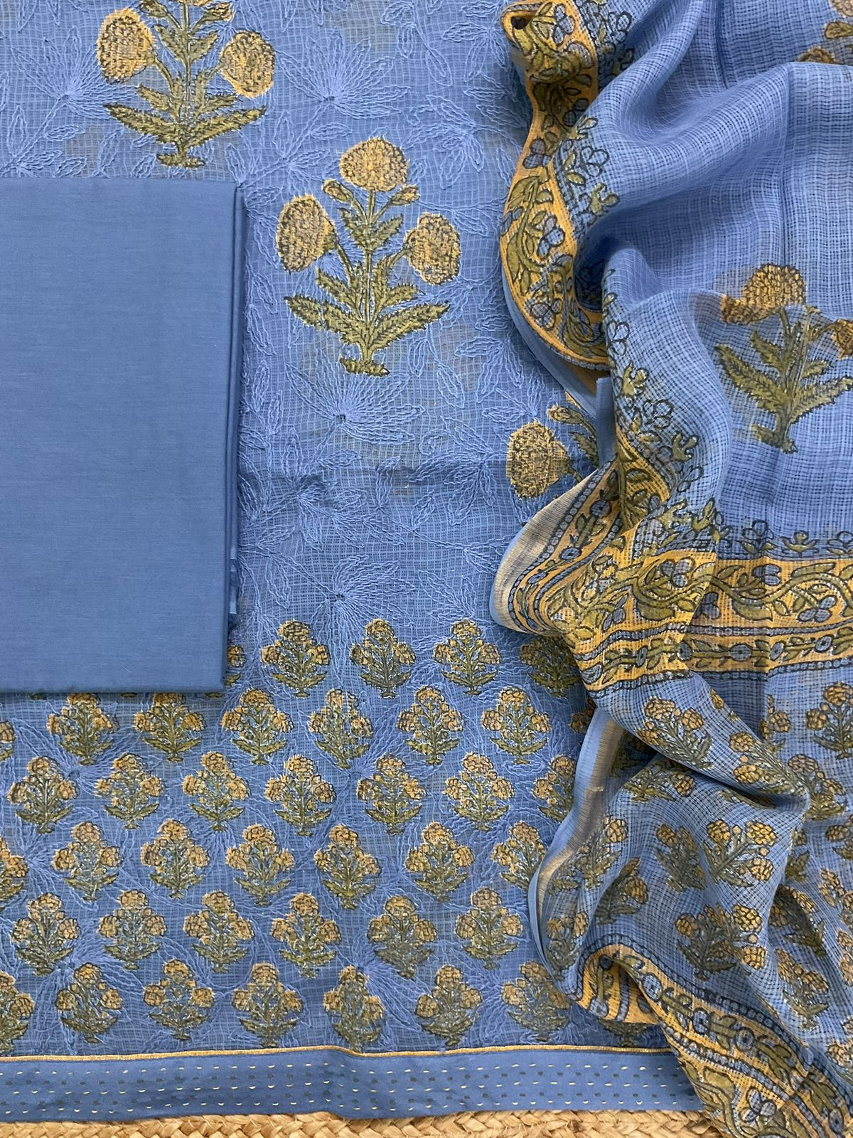 Pure Kota Cotton Block Printed Embroidered Suit - Blue