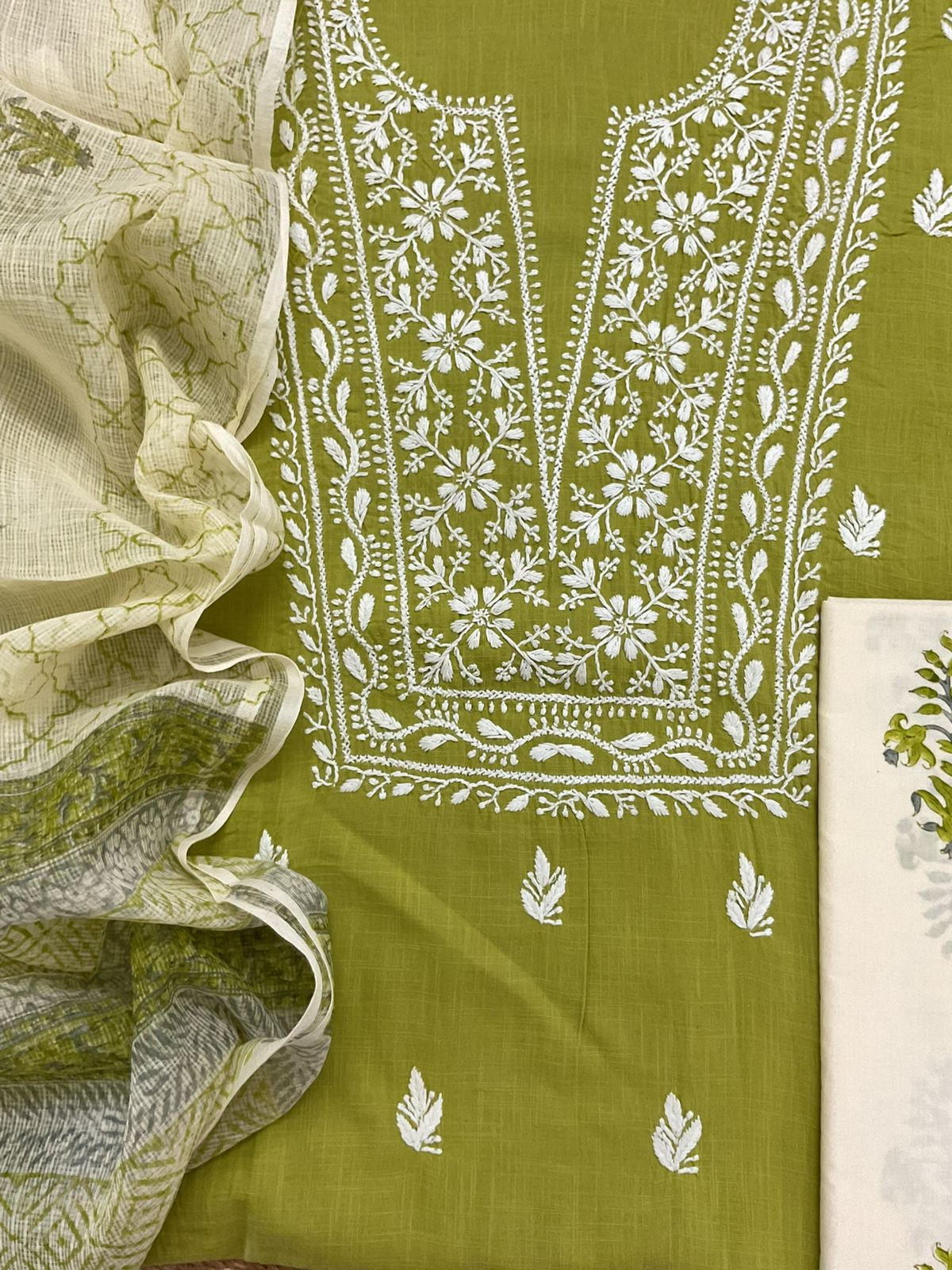 Pure Cotton Printed Embroidered Suit - Green