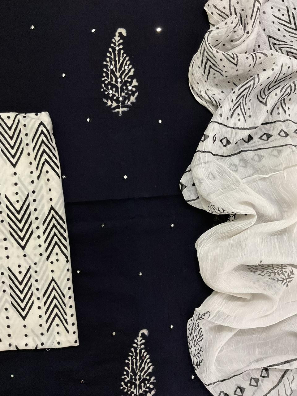 Pure Cotton Printed Embroidered Suit - Black