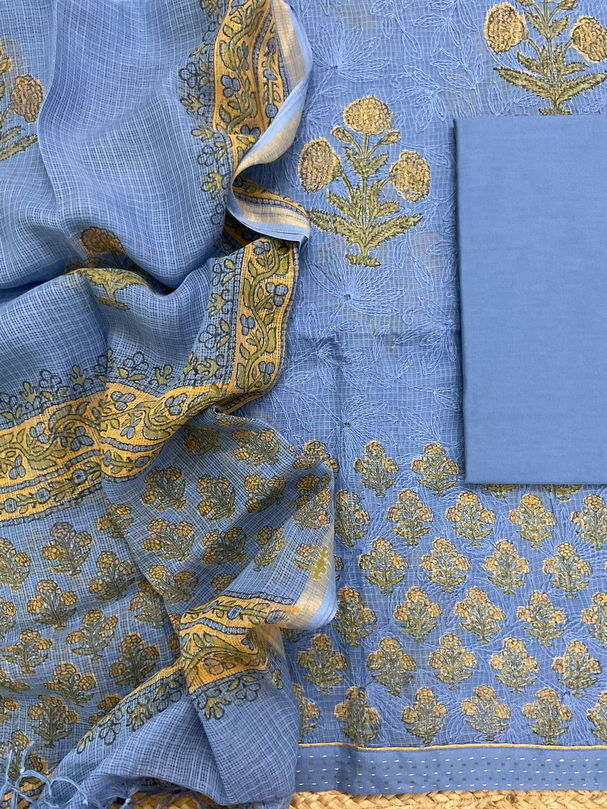 Pure Kota Cotton Block Printed Embroidered Suit - Blue