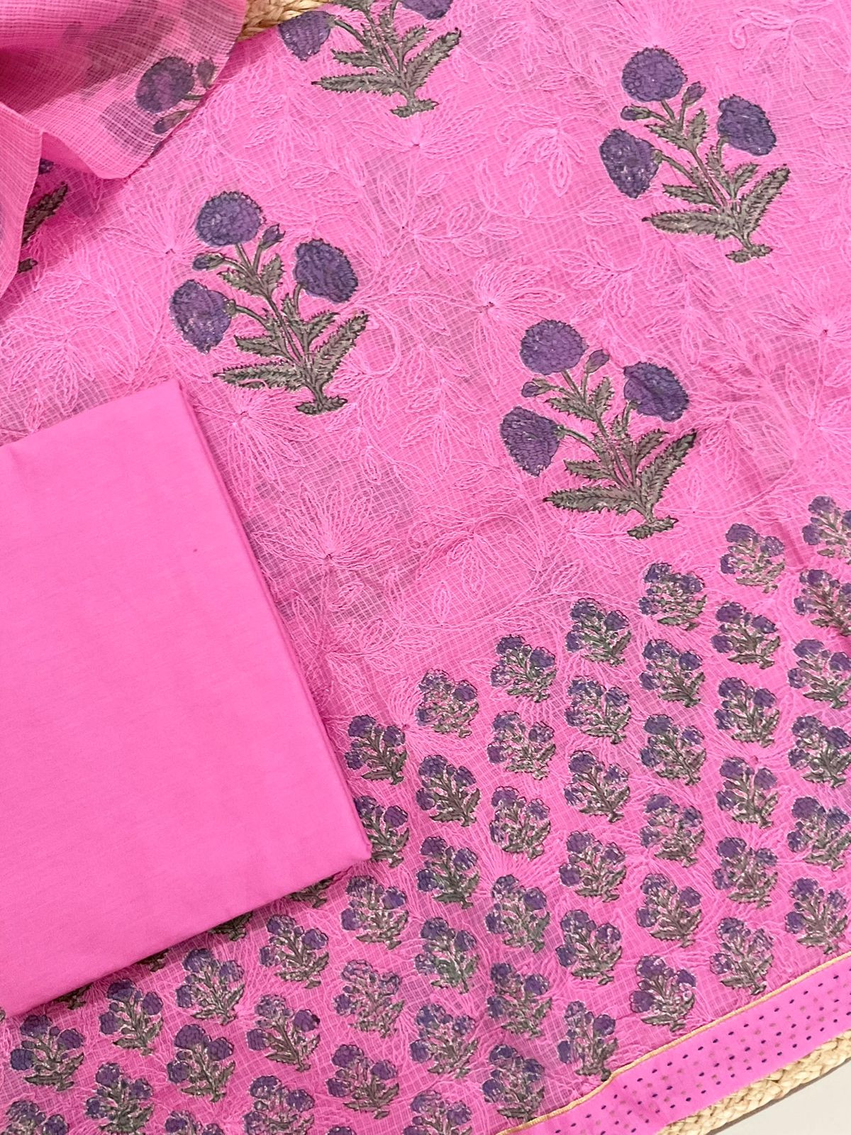 Pure Kota Cotton Block Printed Embroidered Suit - Pink