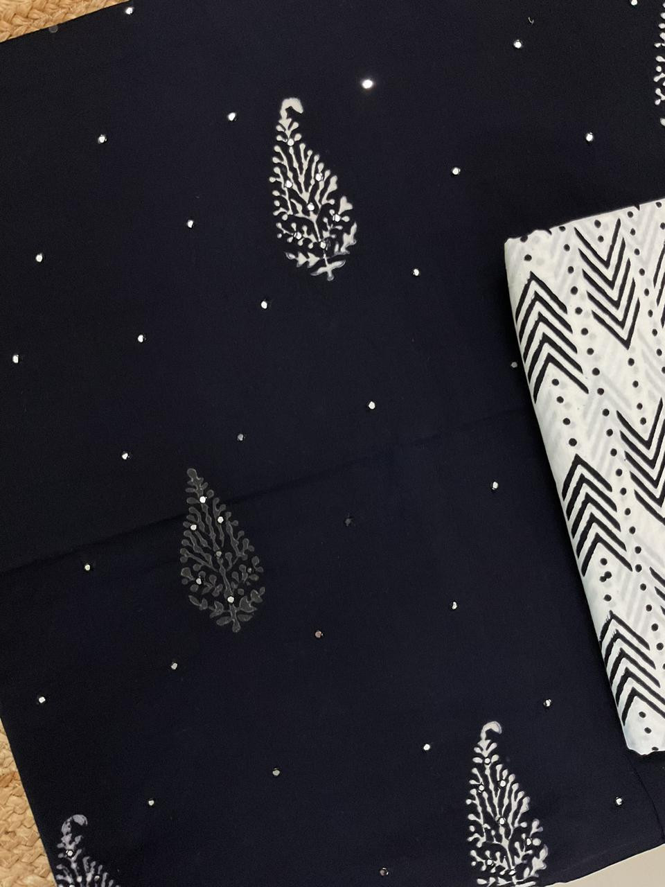 Pure Cotton Printed Embroidered Suit - Black