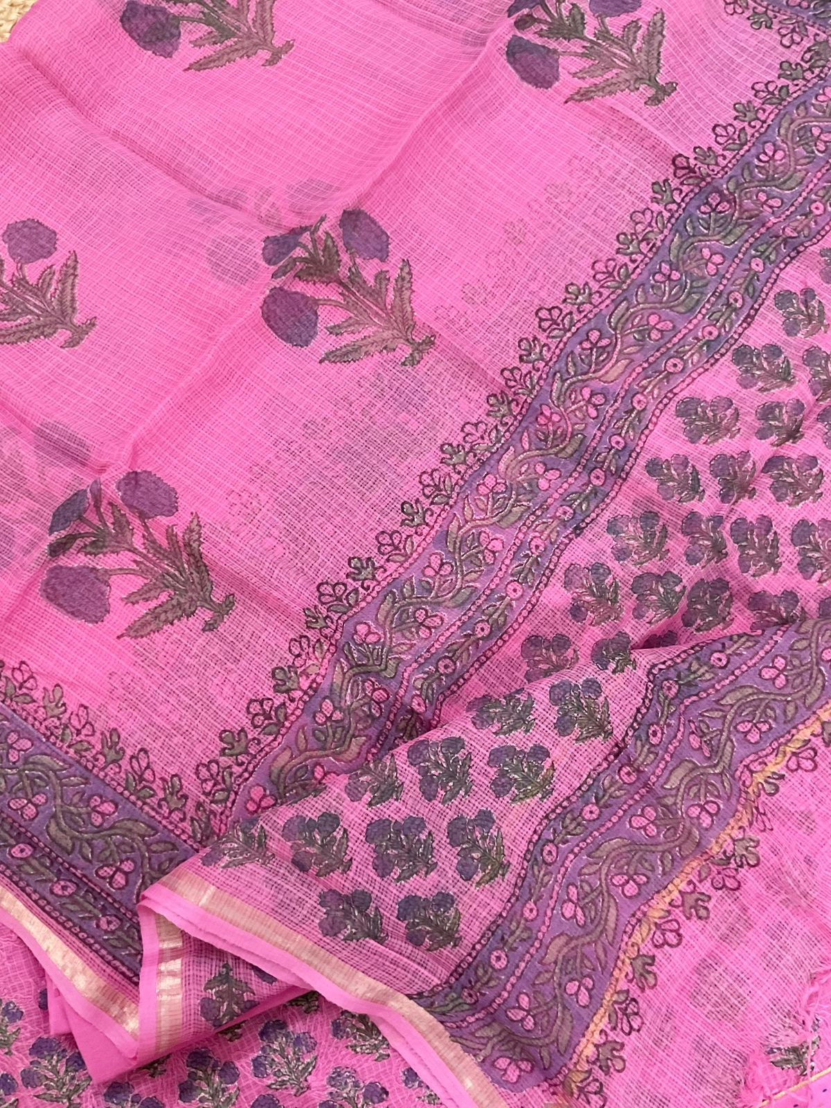 Pure Kota Cotton Block Printed Embroidered Suit - Pink