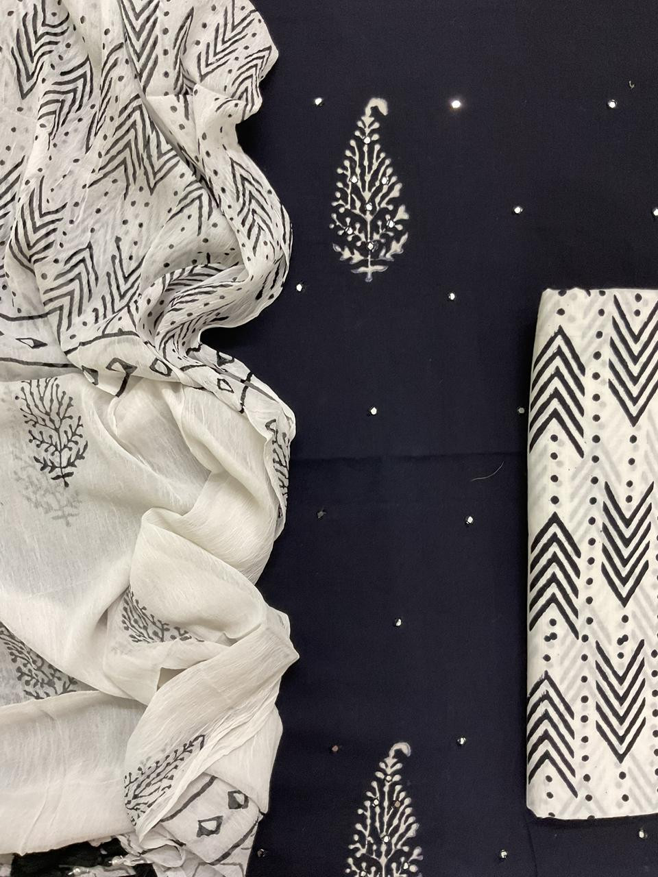 Pure Cotton Printed Embroidered Suit - Black