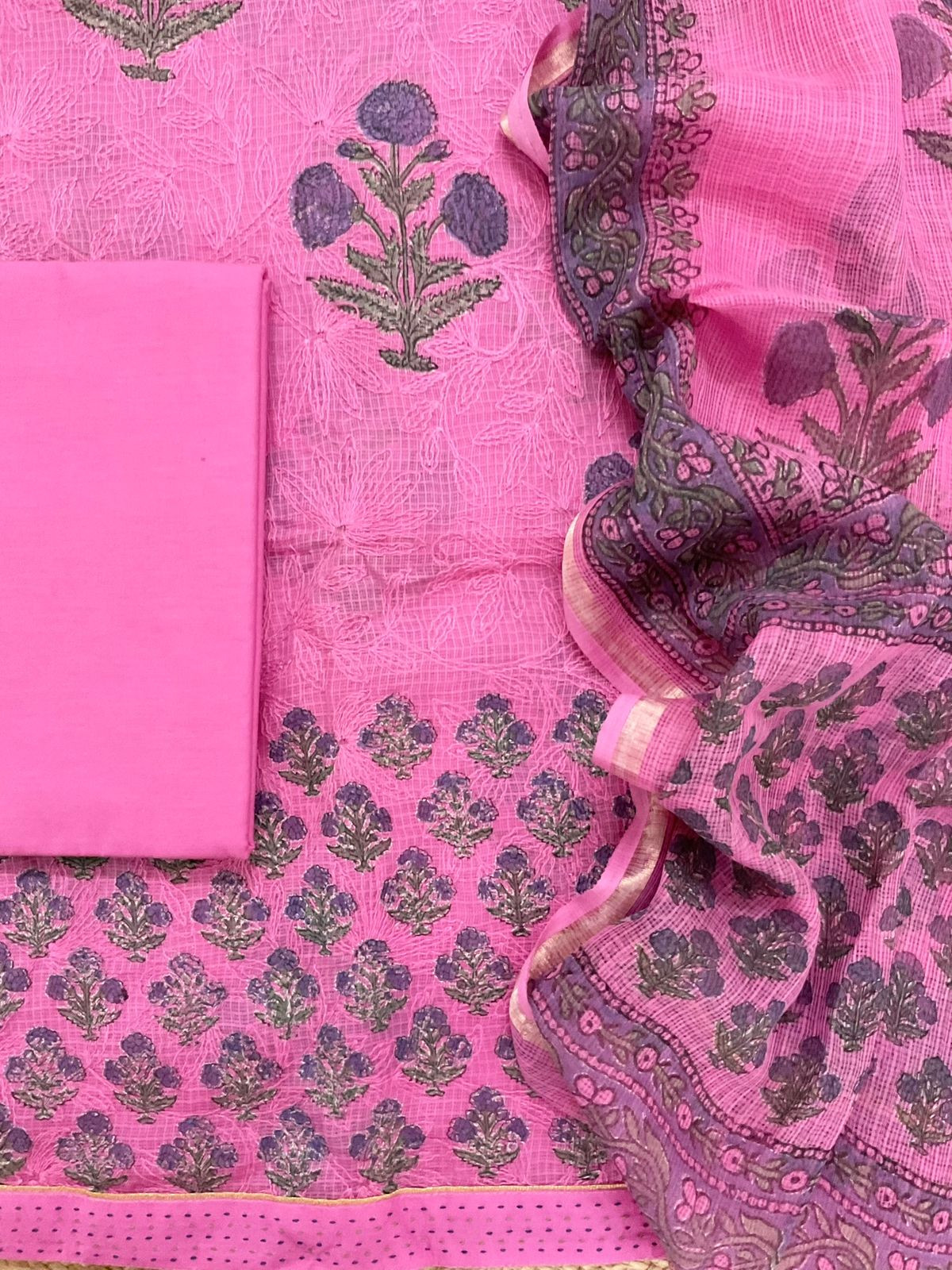 Pure Kota Cotton Block Printed Embroidered Suit - Pink