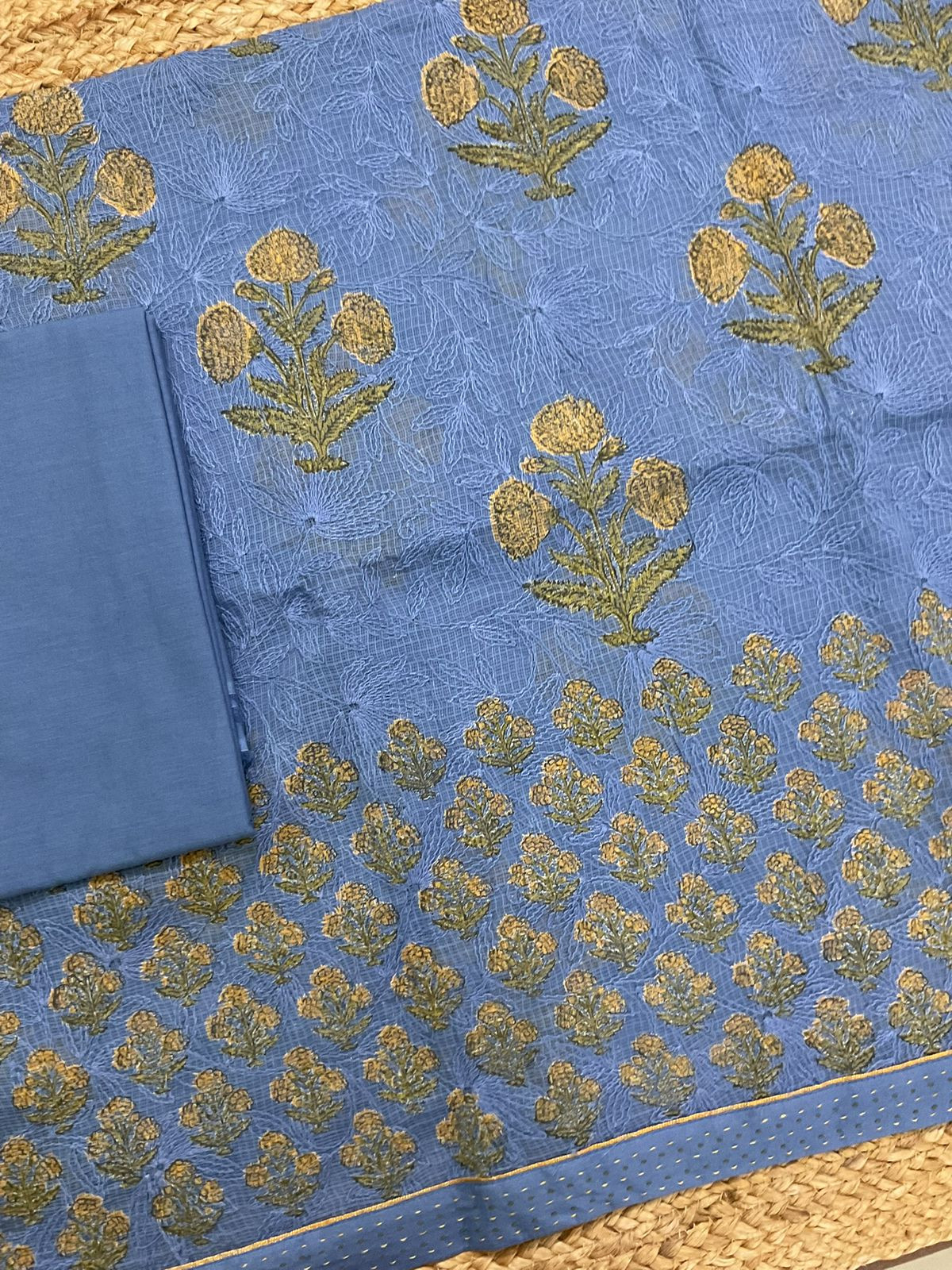 Pure Kota Cotton Block Printed Embroidered Suit - Blue