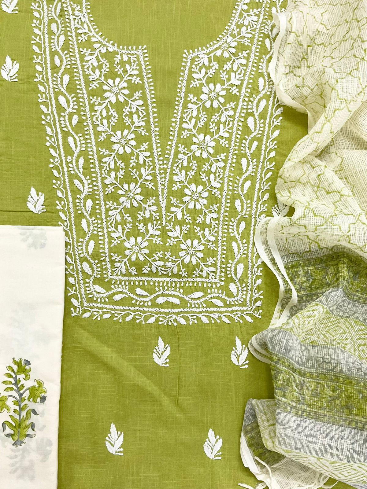 Pure Cotton Printed Embroidered Suit - Green