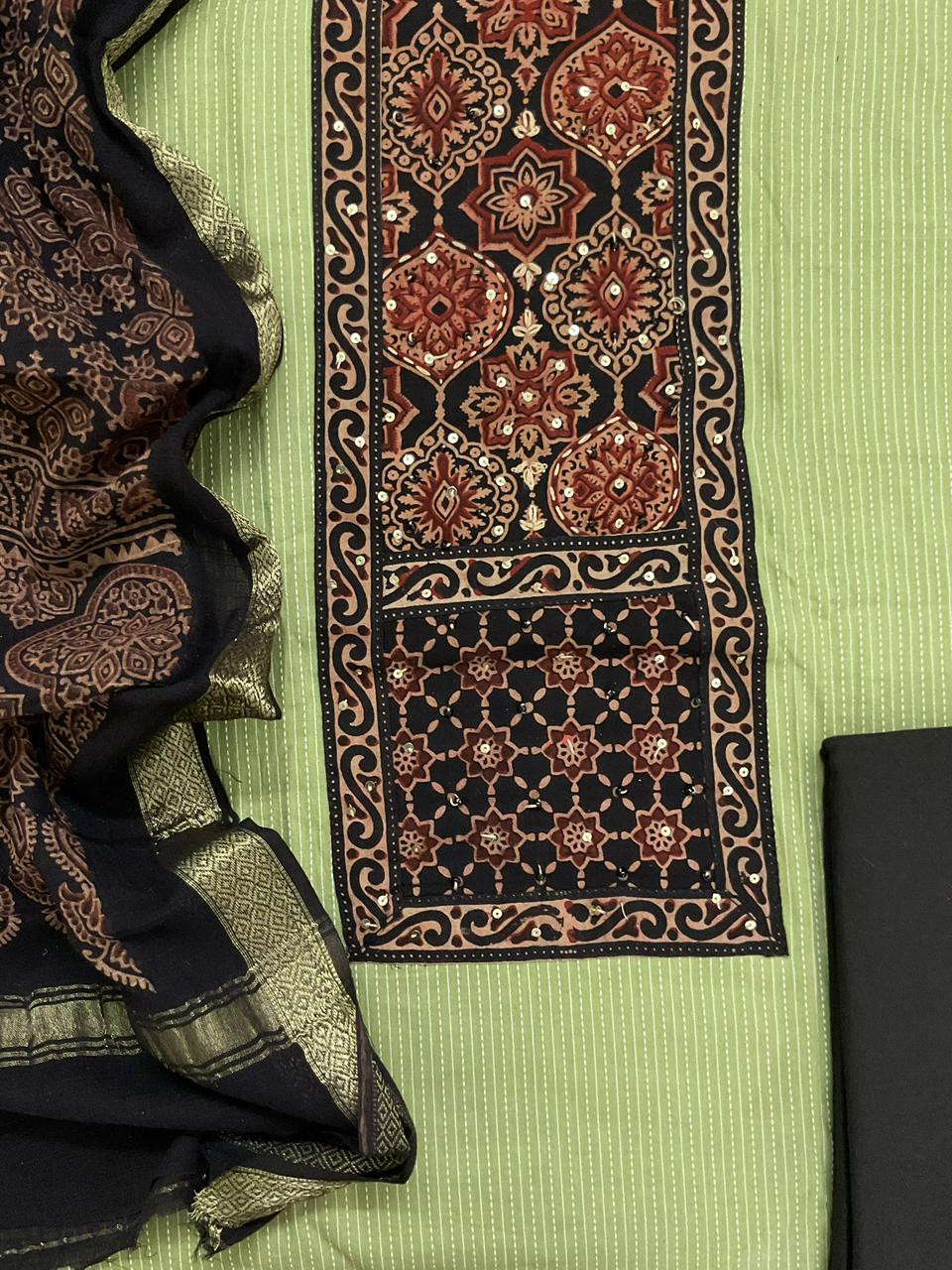 Pure Cotton Self Weaved Printed Embroidered Suit - Green