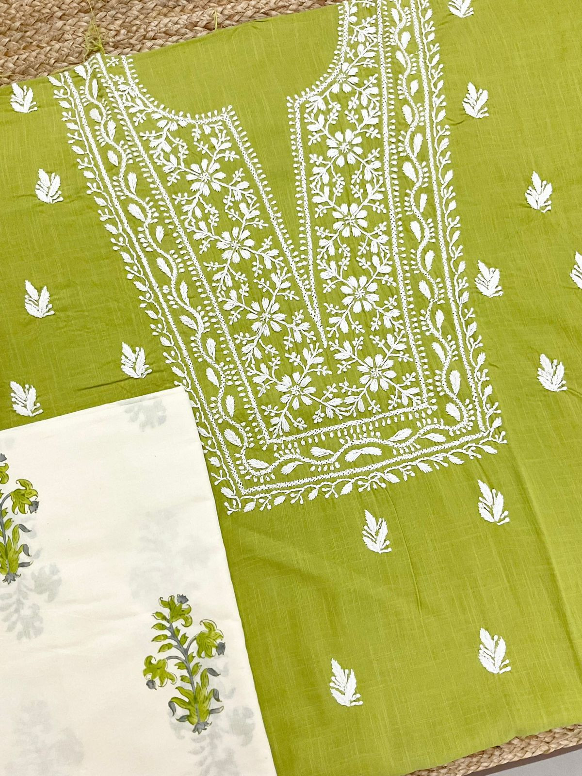 Pure Cotton Printed Embroidered Suit - Green
