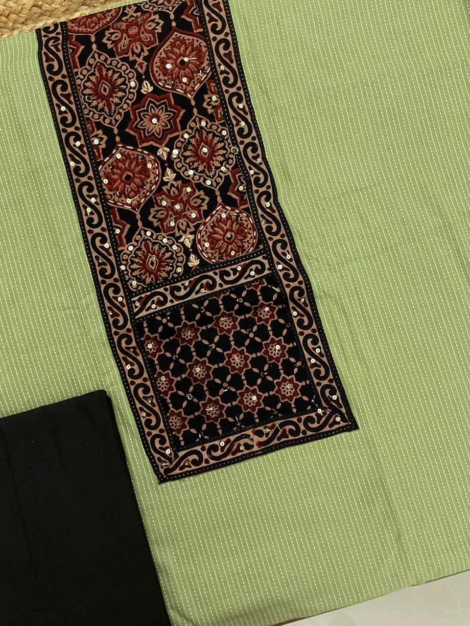 Pure Cotton Self Weaved Printed Embroidered Suit - Green