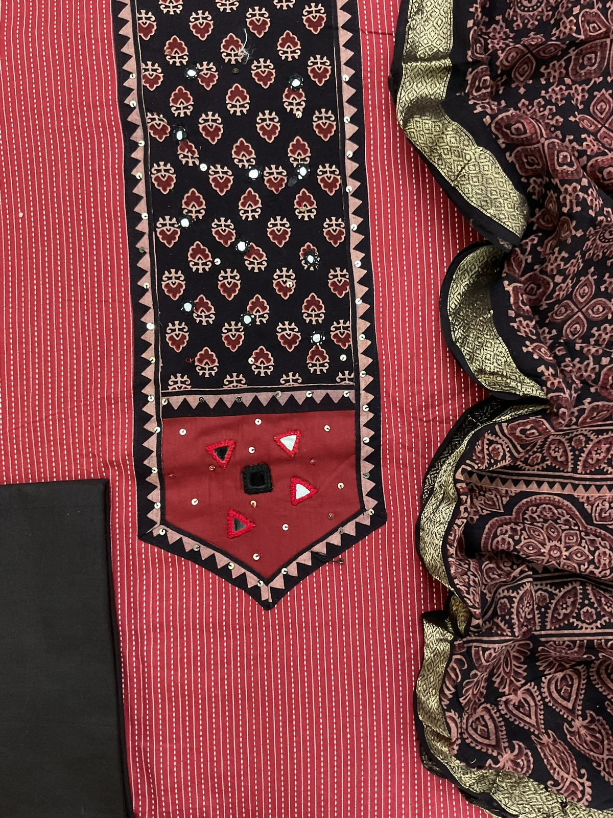 Pure Cotton Self Weaved Printed Embroidered Suit - Maroon