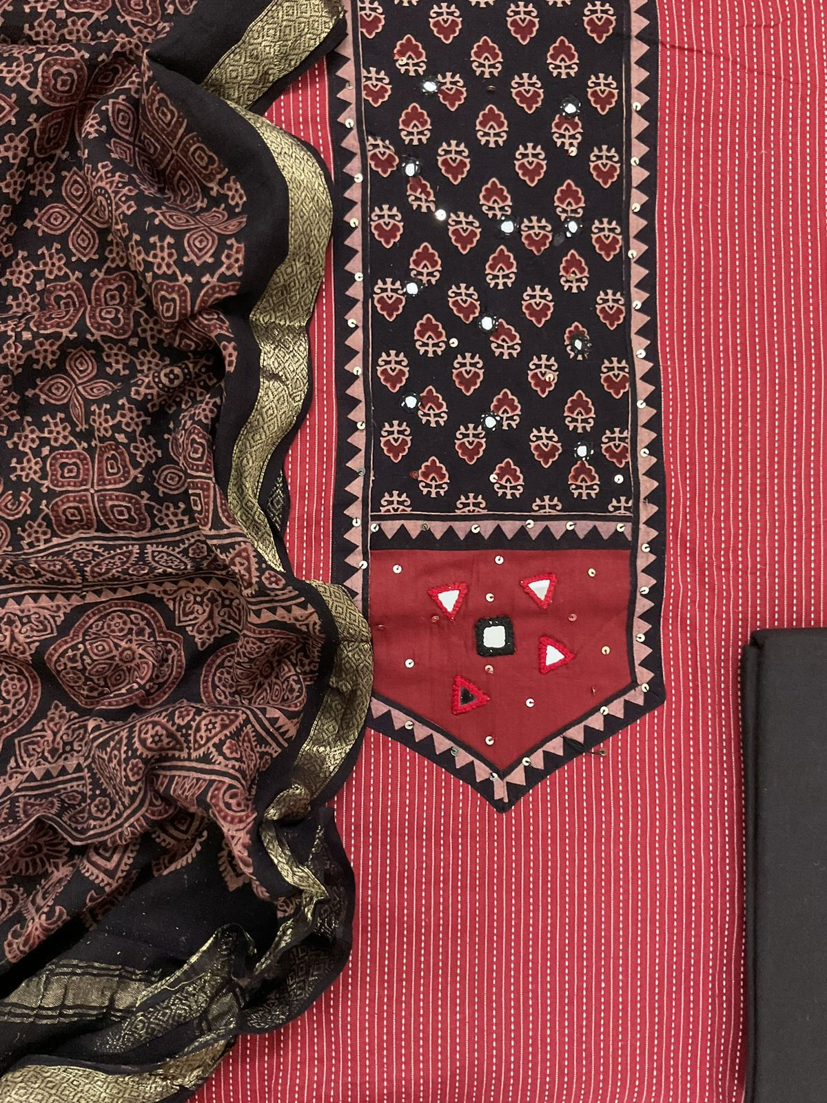 Pure Cotton Self Weaved Printed Embroidered Suit - Maroon