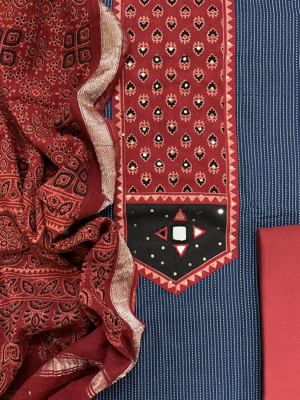 Pure Cotton Self Weaved Printed Embroidered Suit - Blue