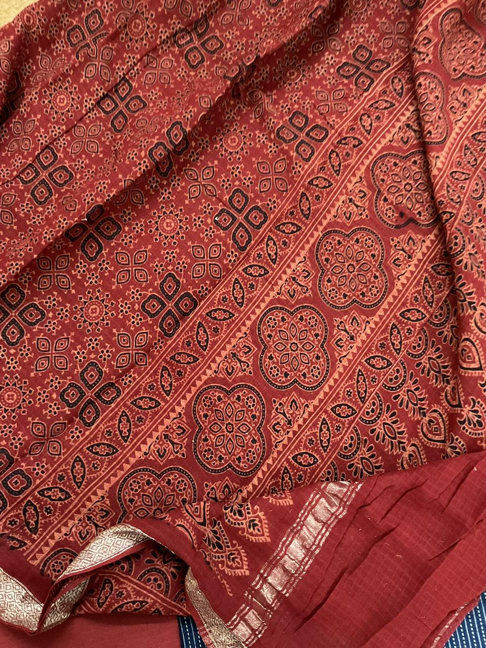 Pure Cotton Self Weaved Printed Embroidered Suit - Blue