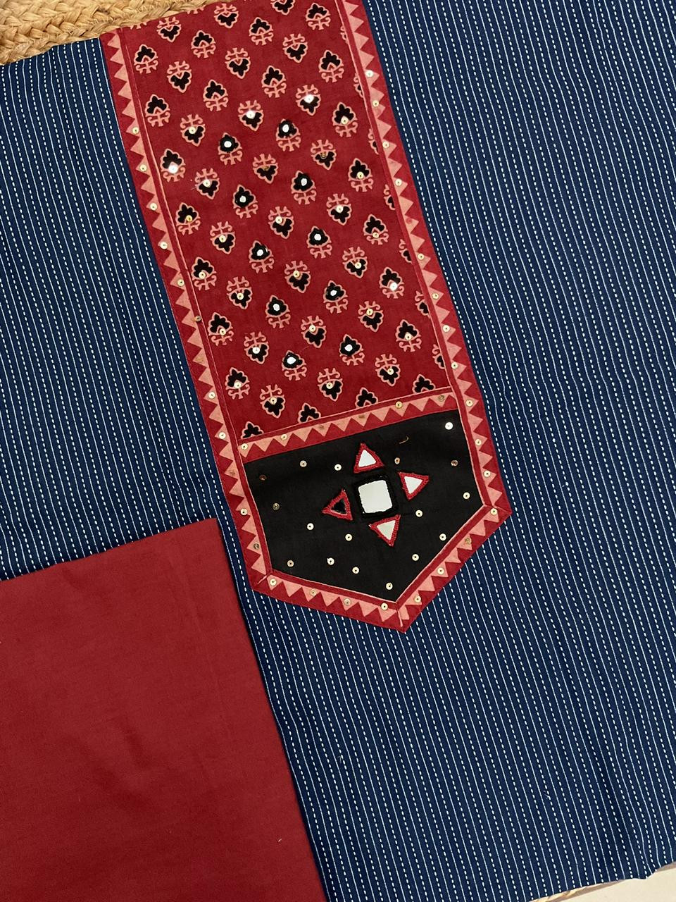 Pure Cotton Self Weaved Printed Embroidered Suit - Blue