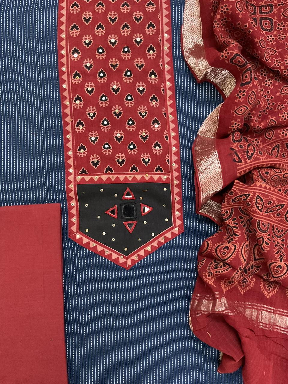Pure Cotton Self Weaved Printed Embroidered Suit - Blue