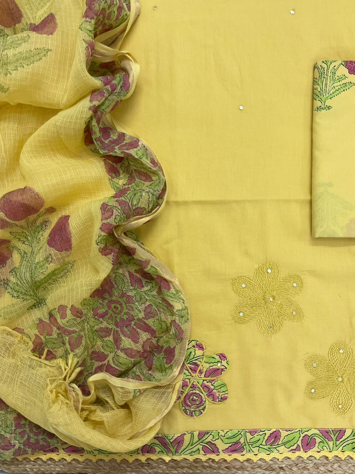 Pure Cotton Printed Embroidered Suit - Yellow