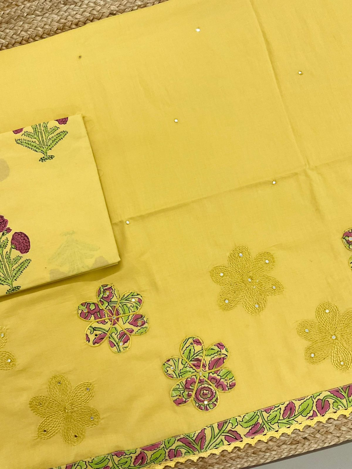 Pure Cotton Printed Embroidered Suit - Yellow