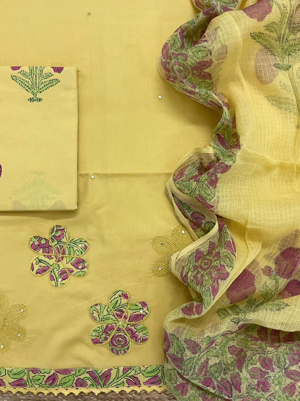 Pure Cotton Printed Embroidered Suit - Yellow