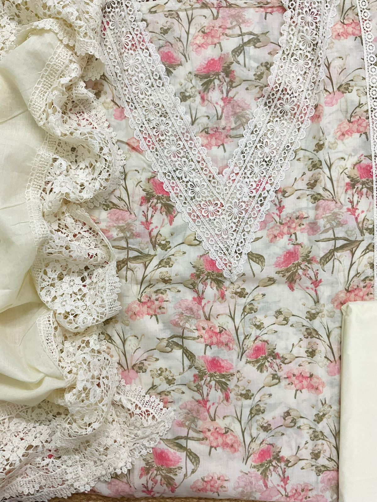 Pure Cotton Printed Embroidered Suit - Off White