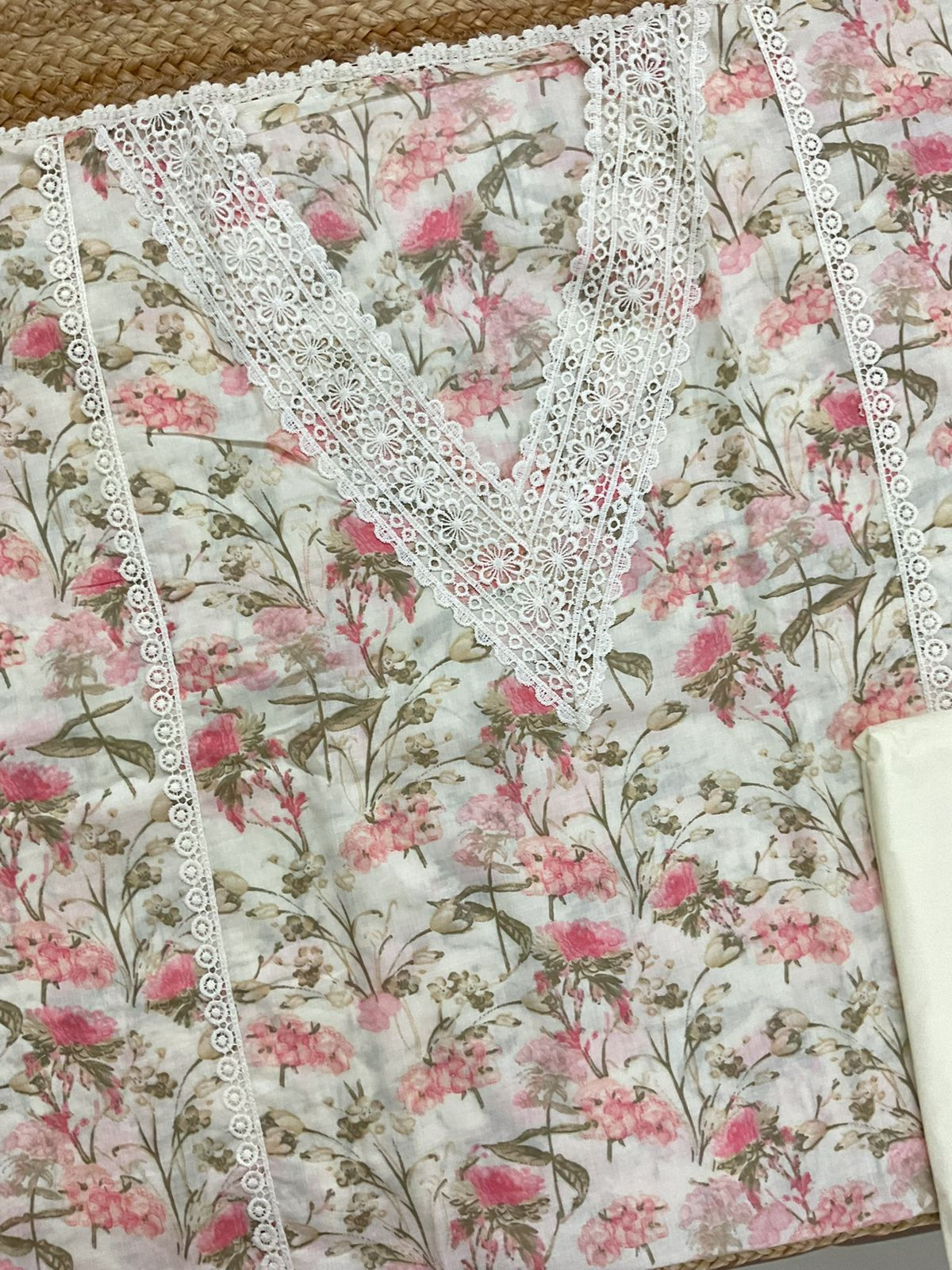 Pure Cotton Printed Embroidered Suit - Off White