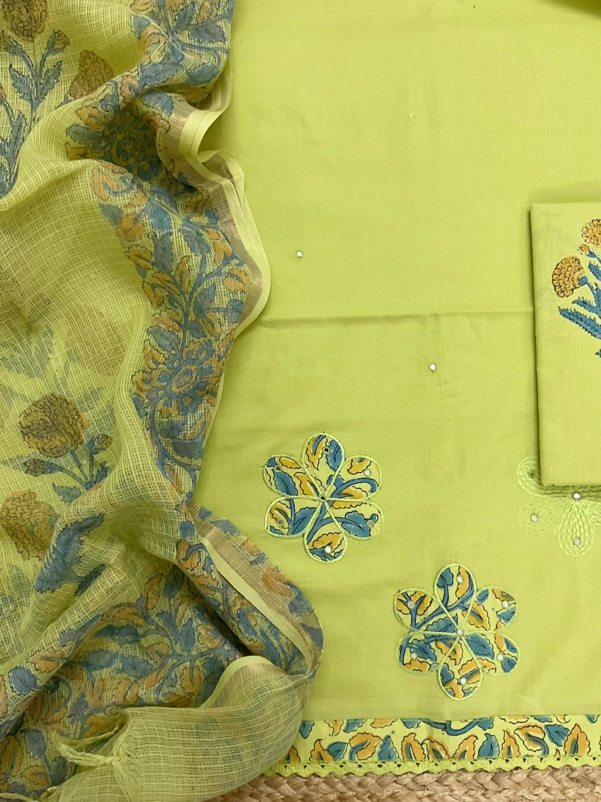 Pure Cotton Printed Embroidered Suit - Green