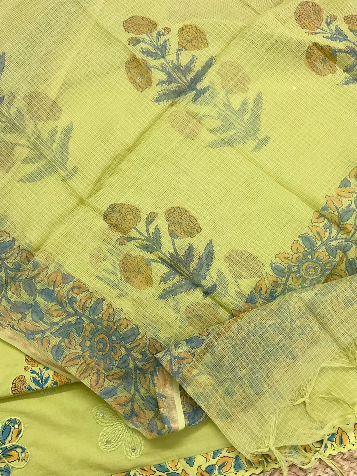 Pure Cotton Printed Embroidered Suit - Green