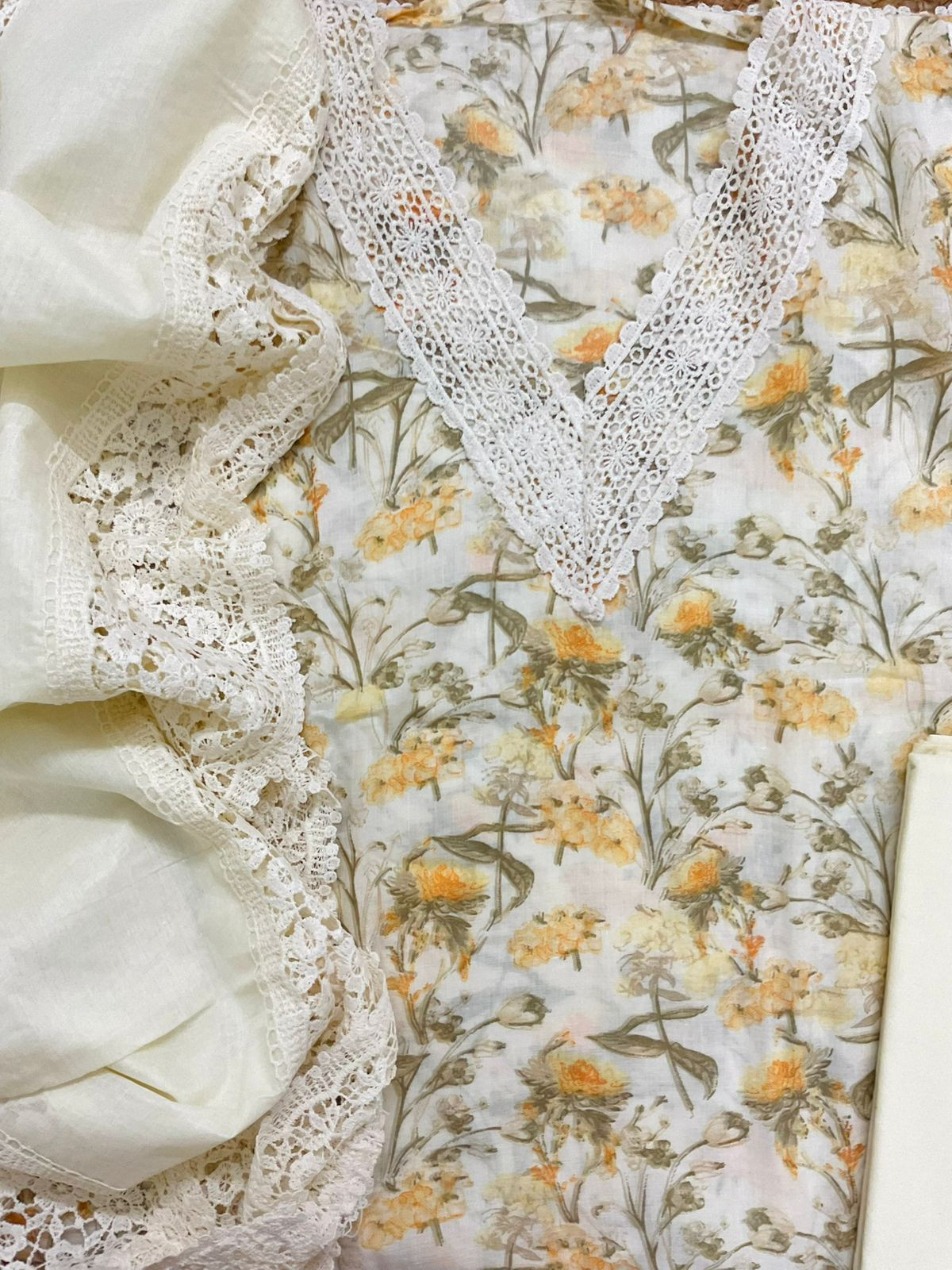 Pure Cotton Printed Embroidered Suit - Off White