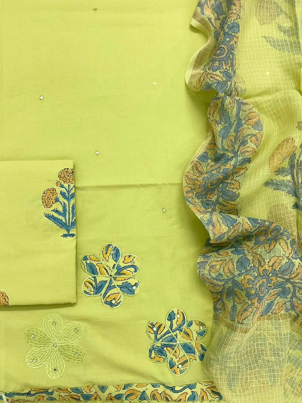 Pure Cotton Printed Embroidered Suit - Green