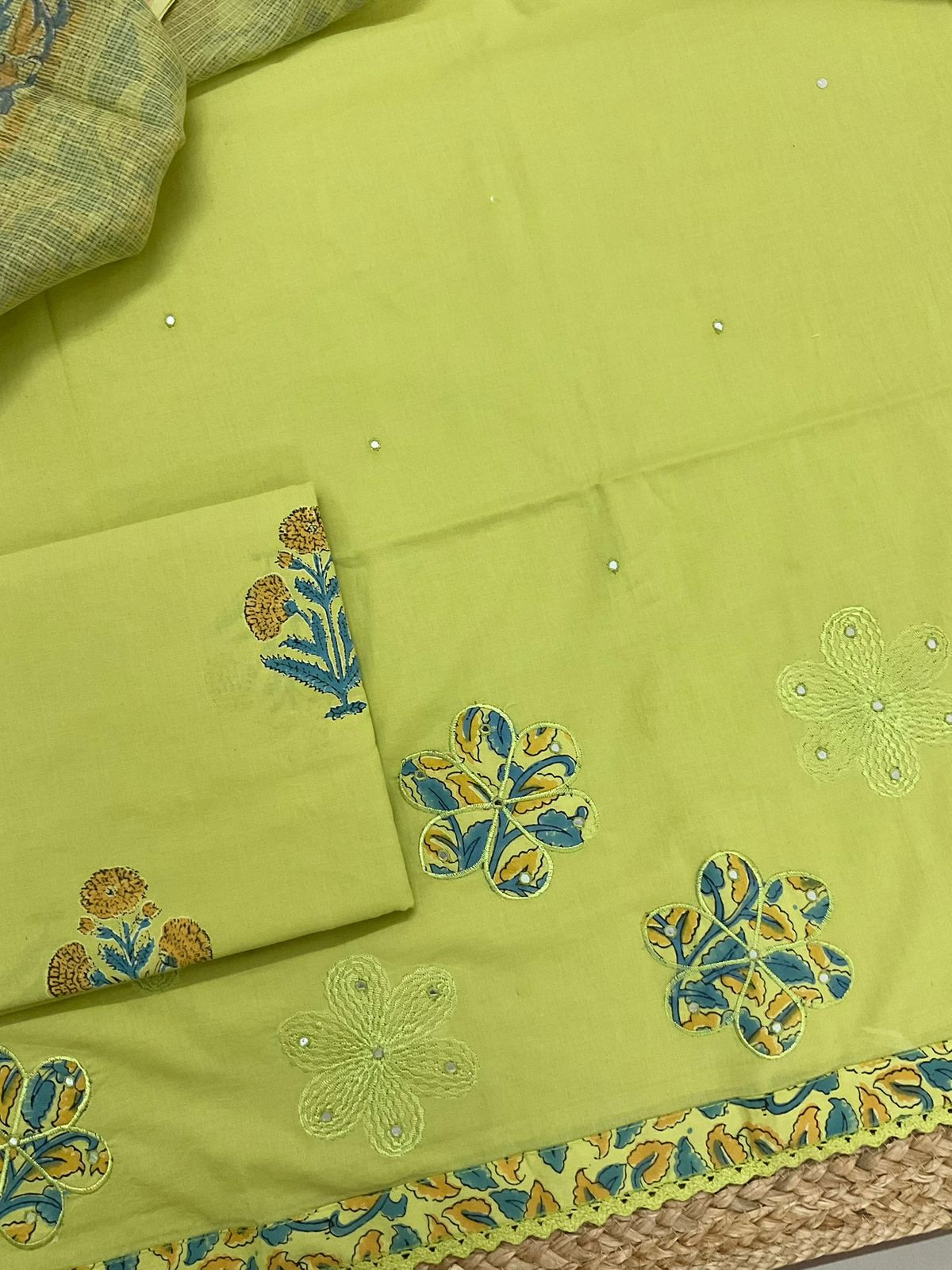 Pure Cotton Printed Embroidered Suit - Green