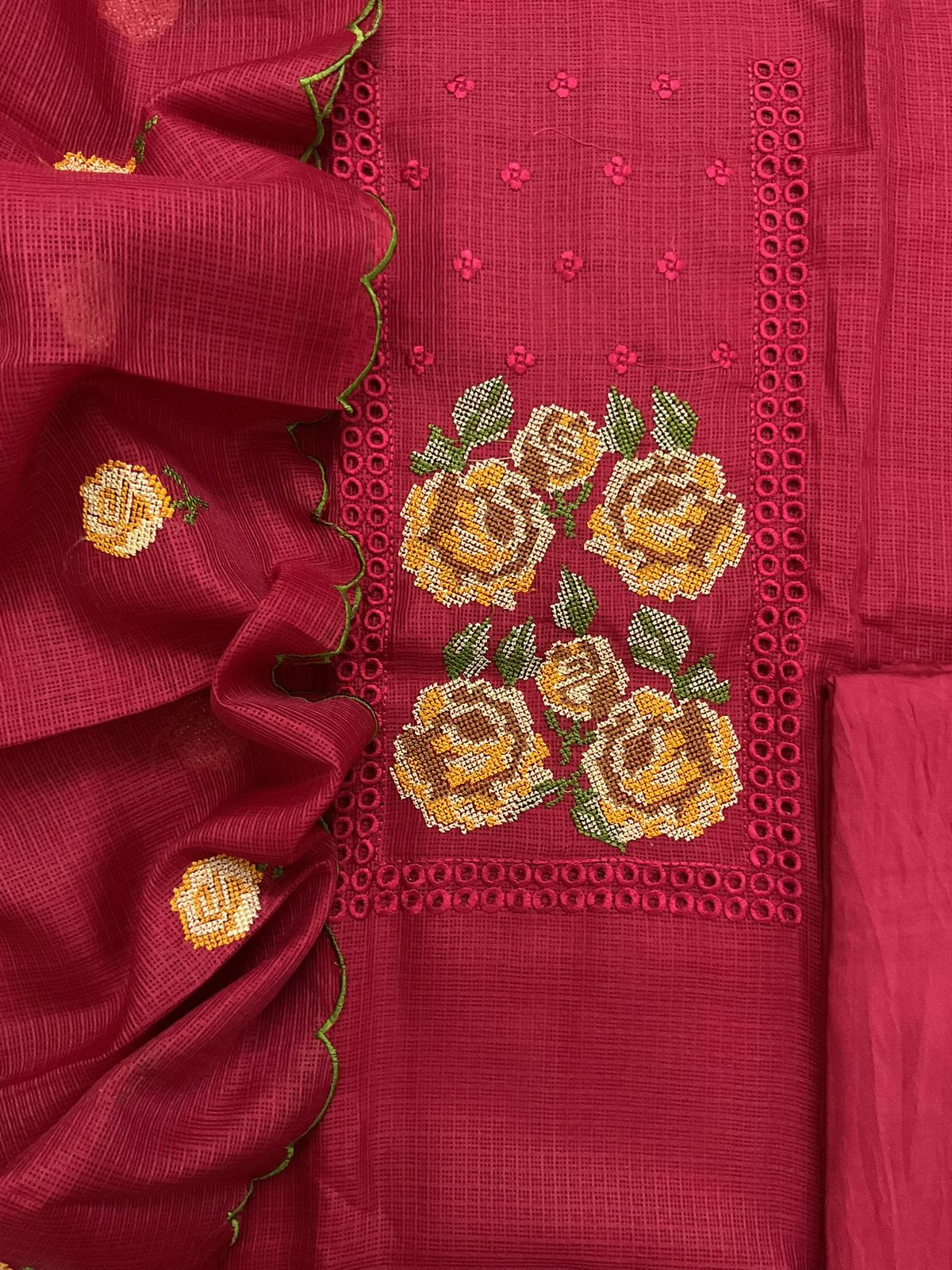 Soft Kota Silk Embroidered Suit - Red