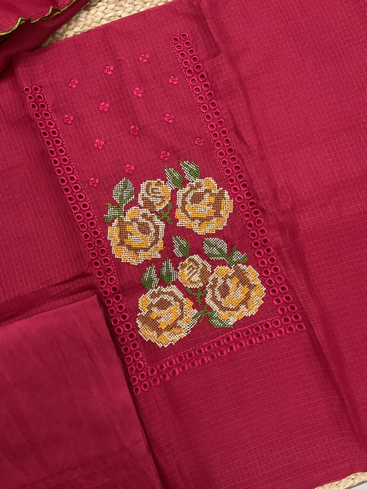 Soft Kota Silk Embroidered Suit - Red