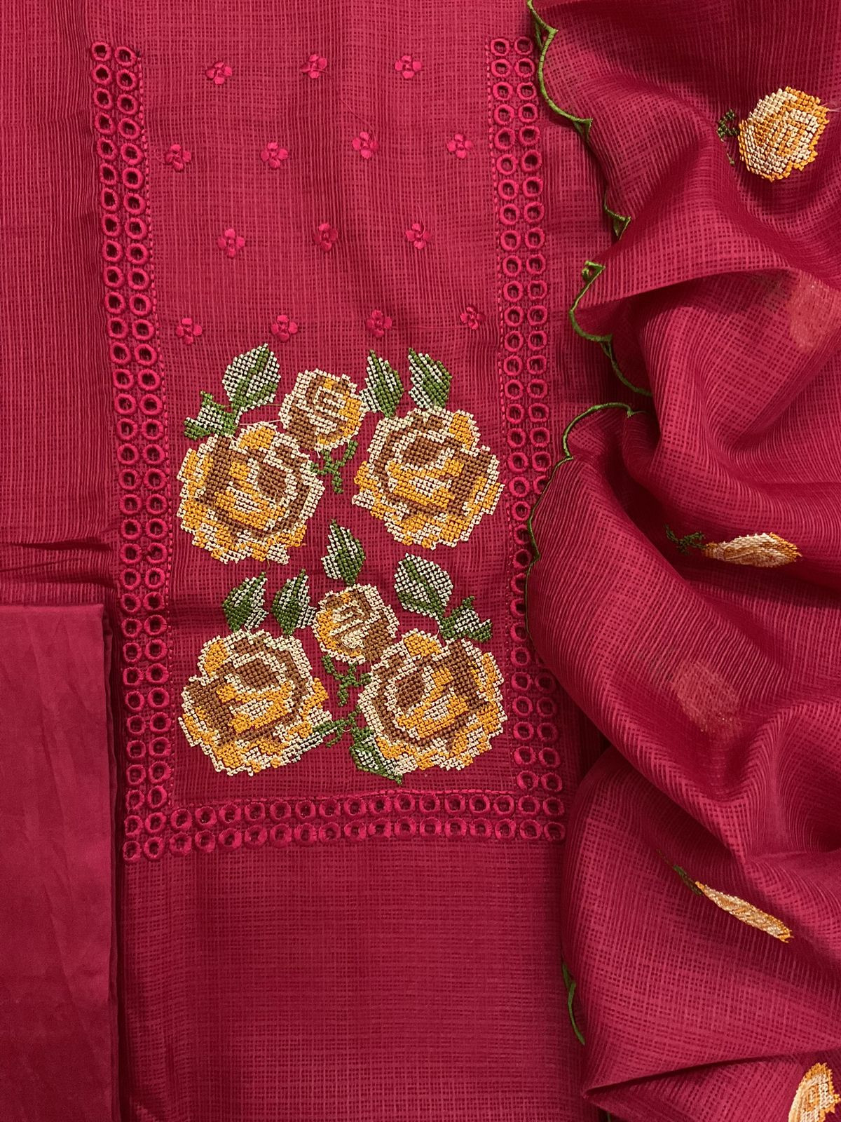 Soft Kota Silk Embroidered Suit - Red