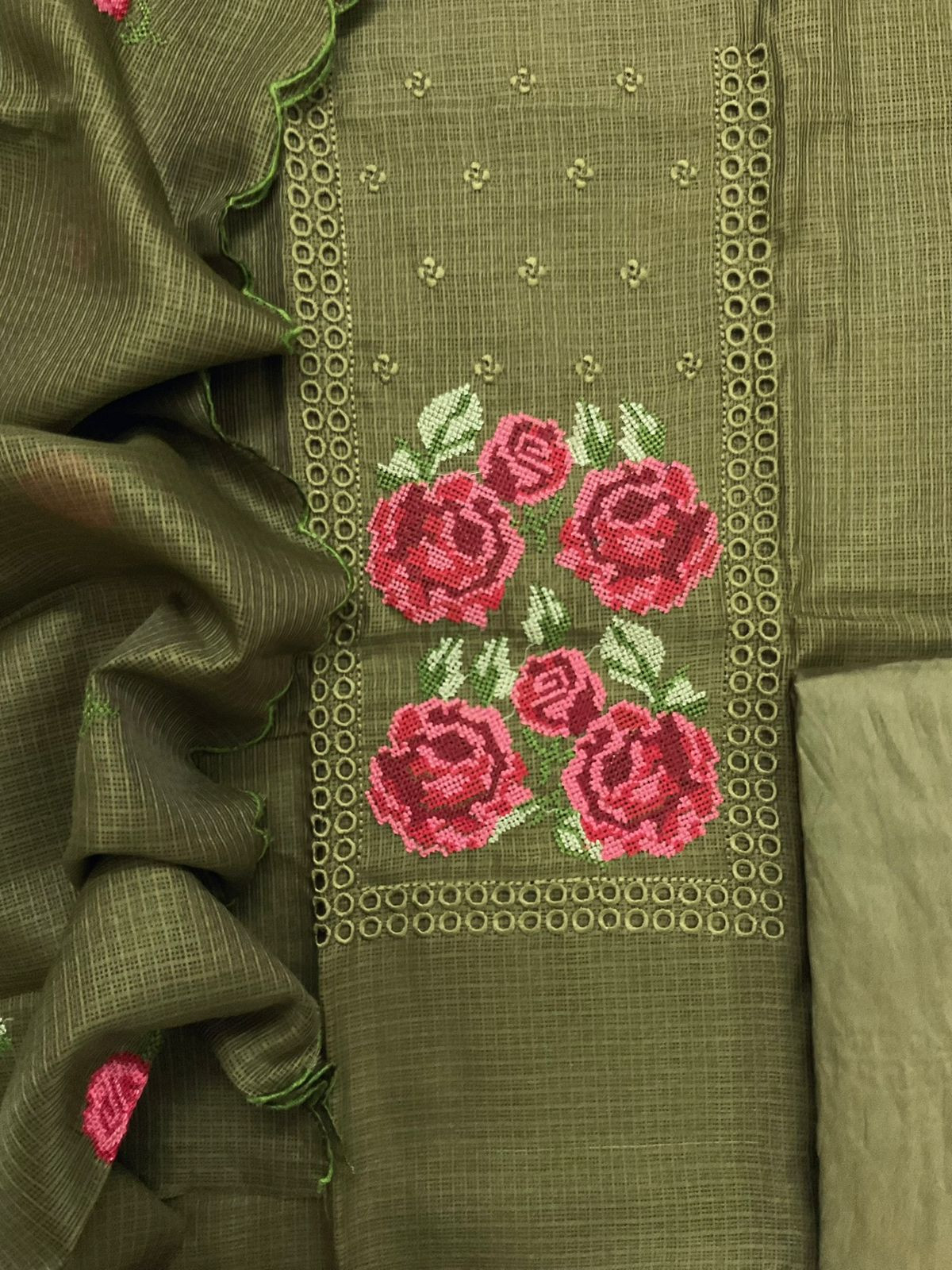 Soft Kota Silk Embroidered Suit - Green