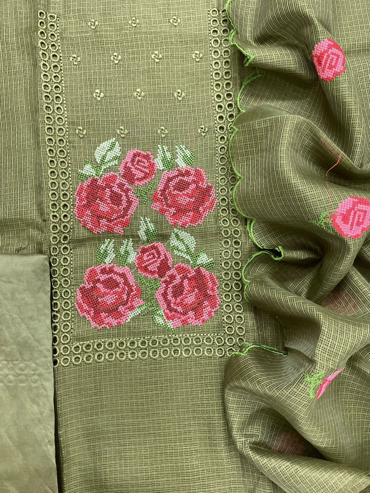 Soft Kota Silk Embroidered Suit - Green