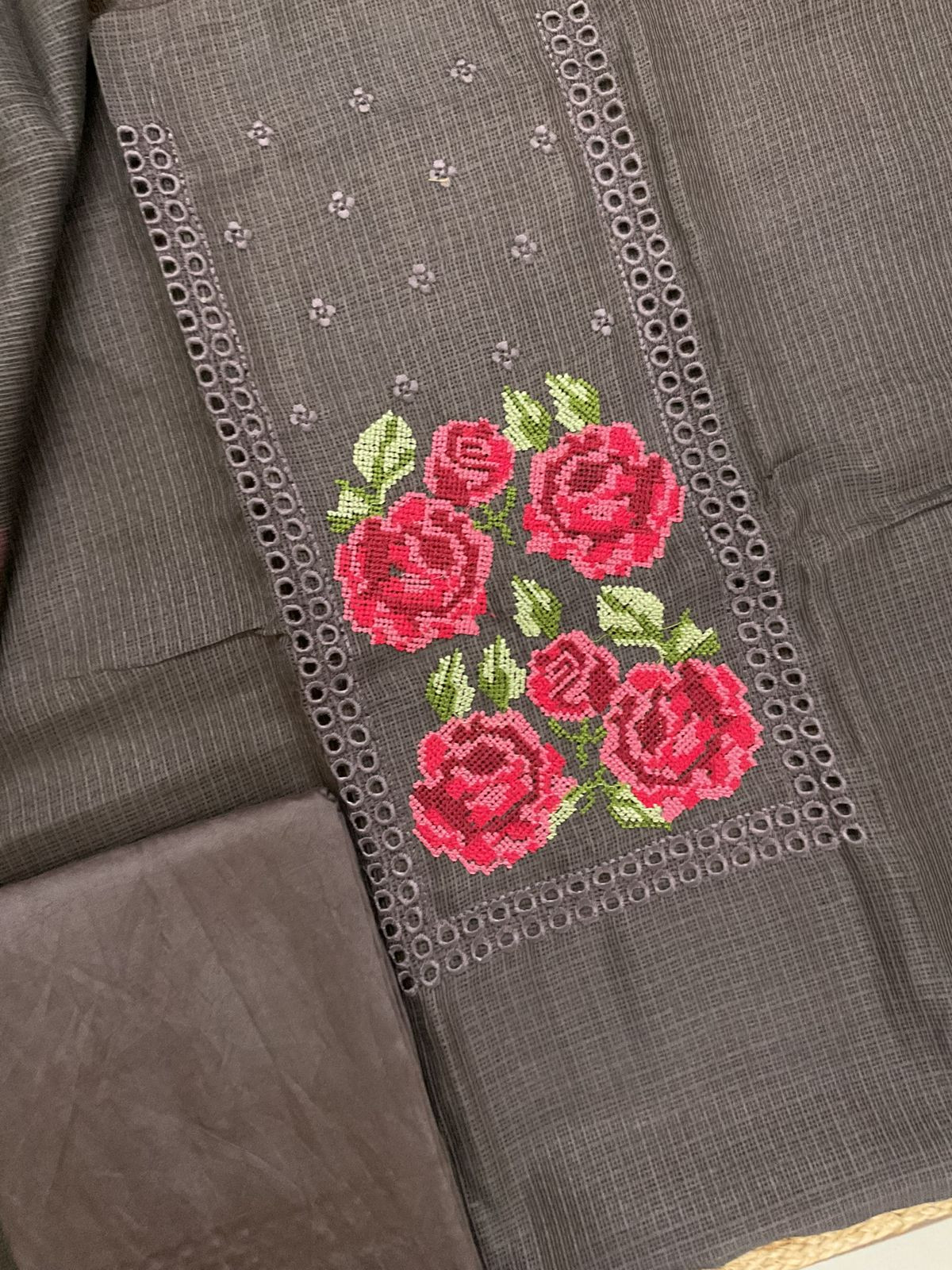 Soft Kota Silk Embroidered Suit - Brown