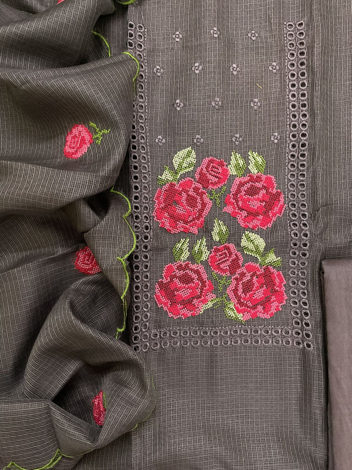 Soft Kota Silk Embroidered Suit - Brown