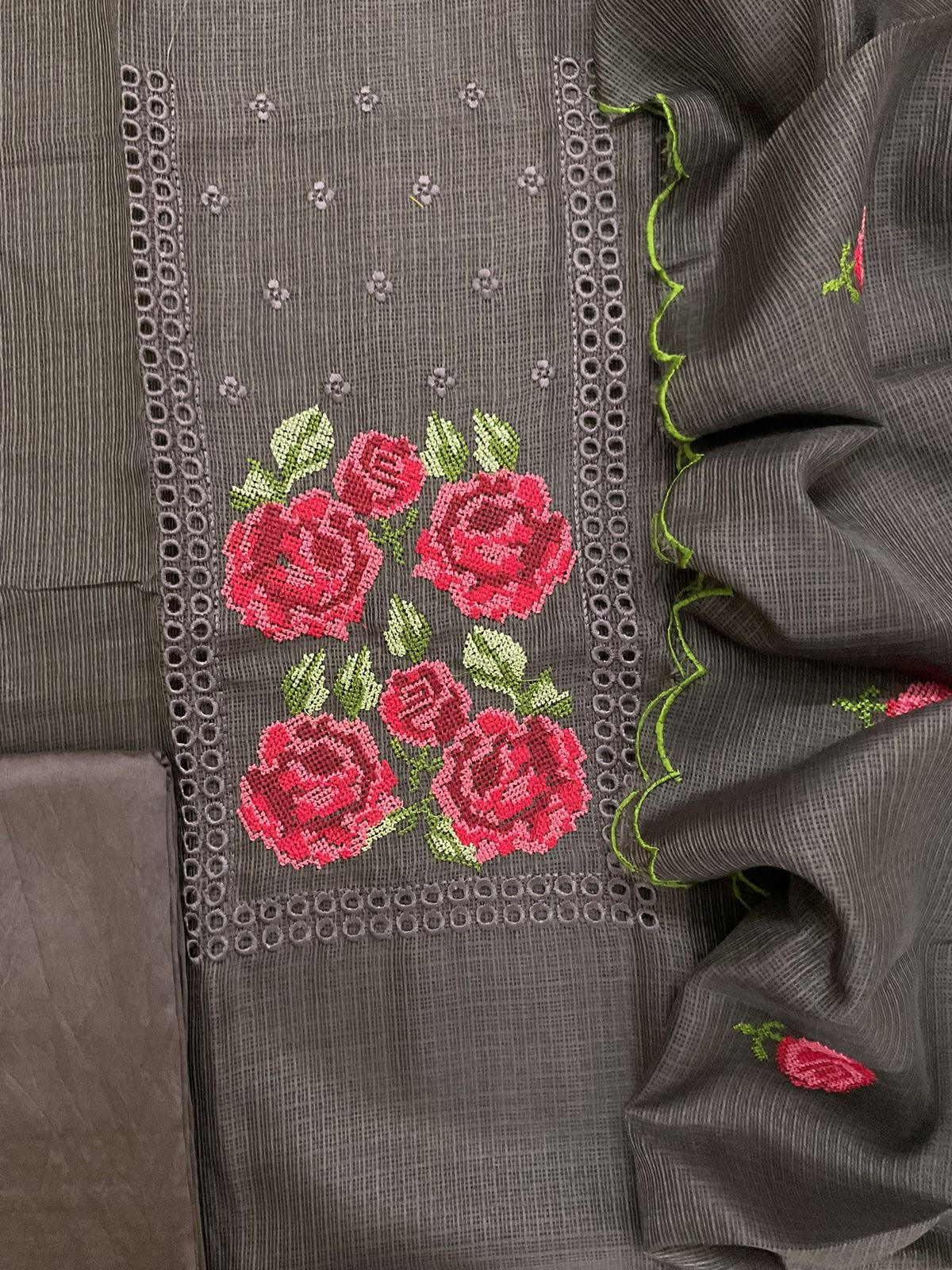 Soft Kota Silk Embroidered Suit - Brown