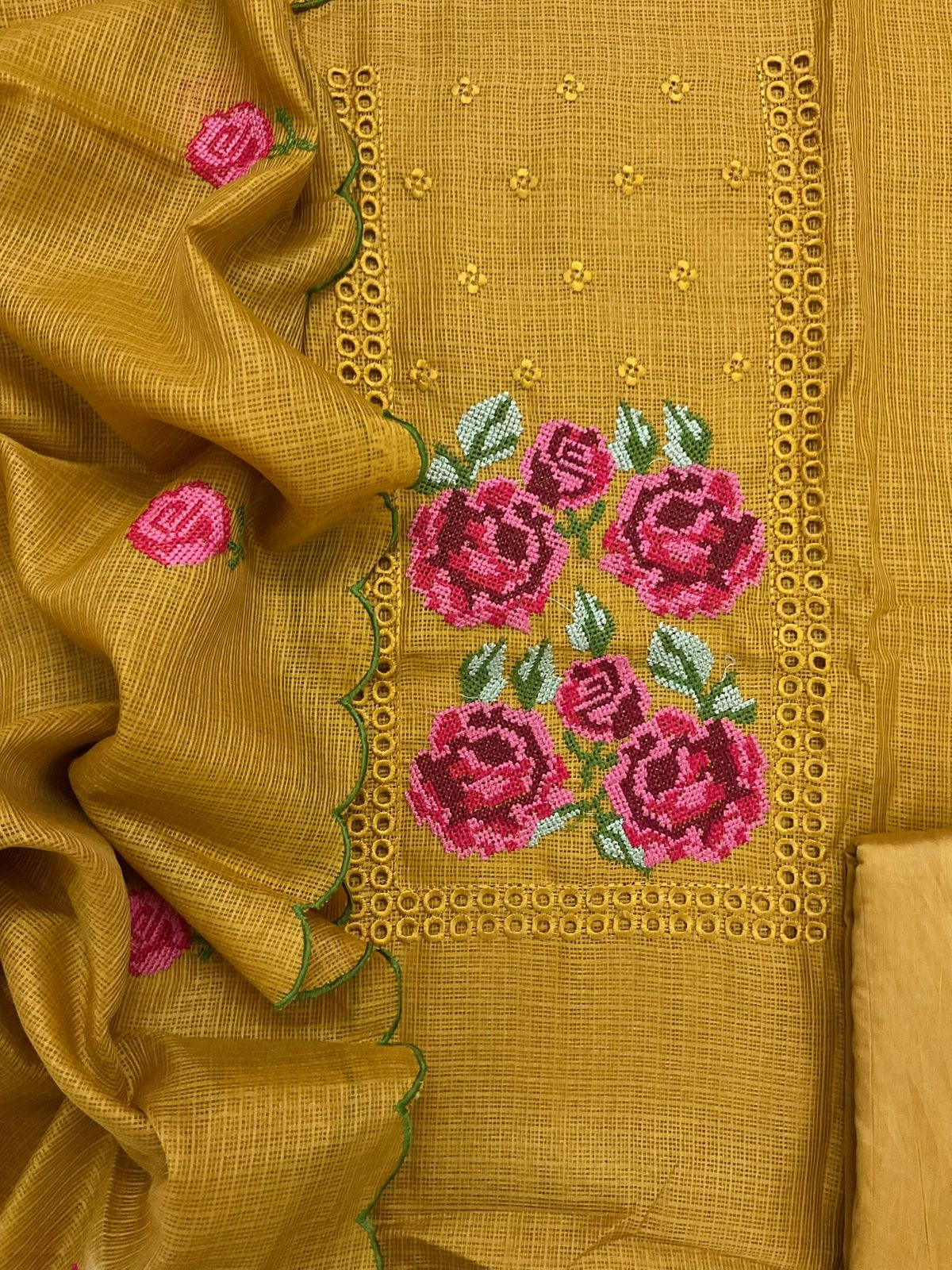 Soft Kota Silk Embroidered Suit - Yellow