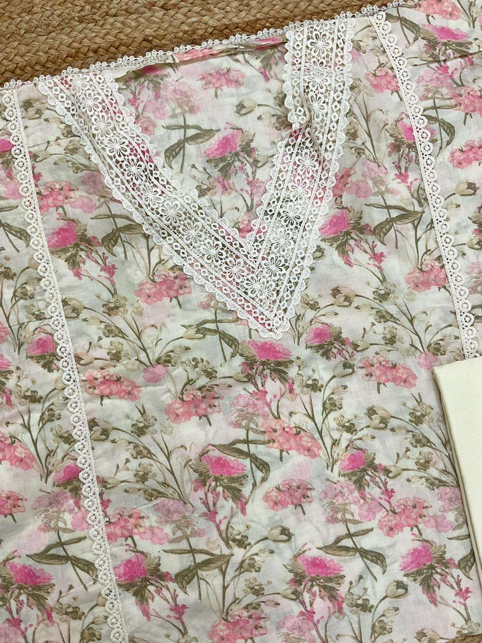 Pure Cotton Printed Embroidered Suit - Off White