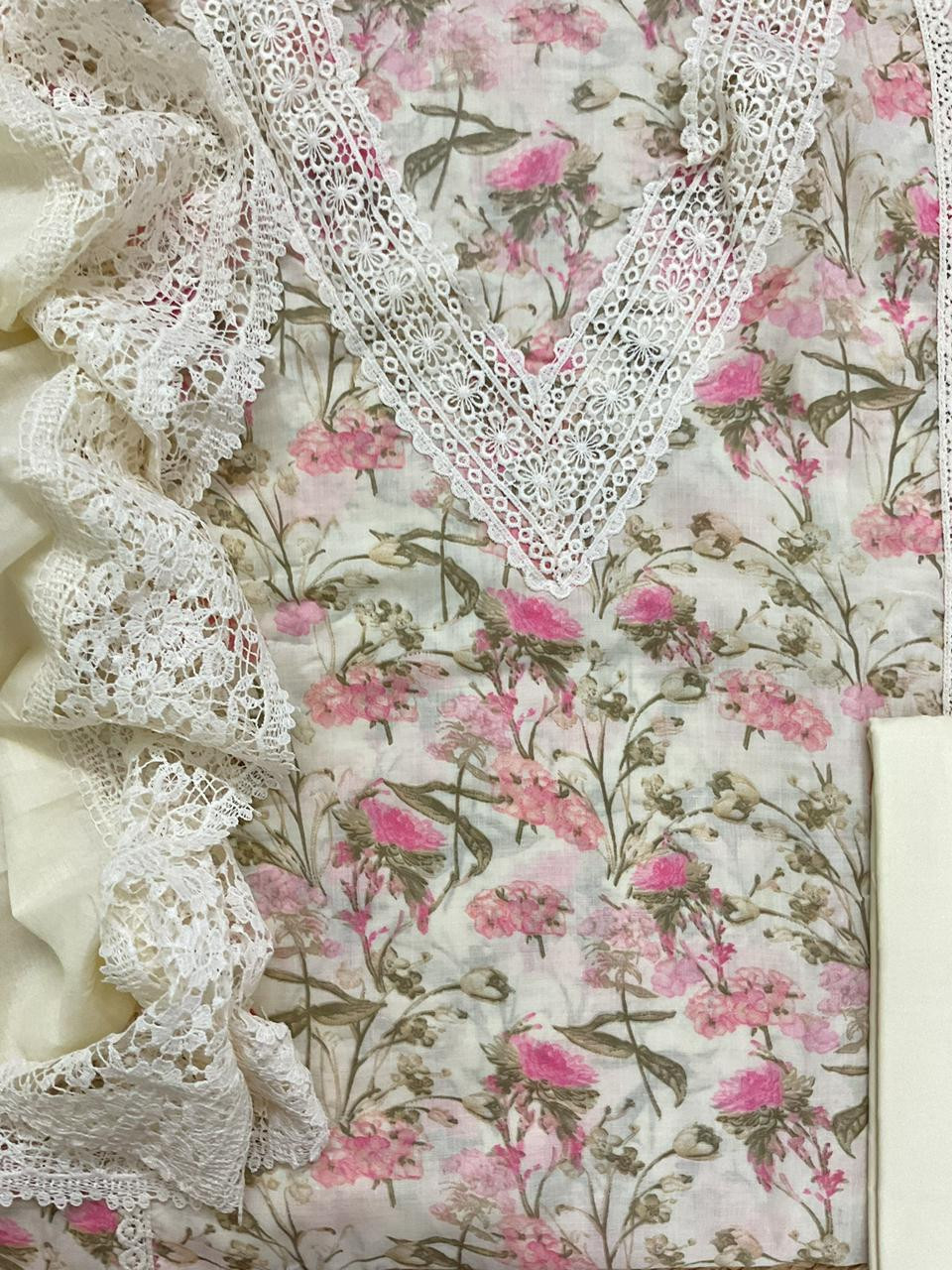 Pure Cotton Printed Embroidered Suit - Off White