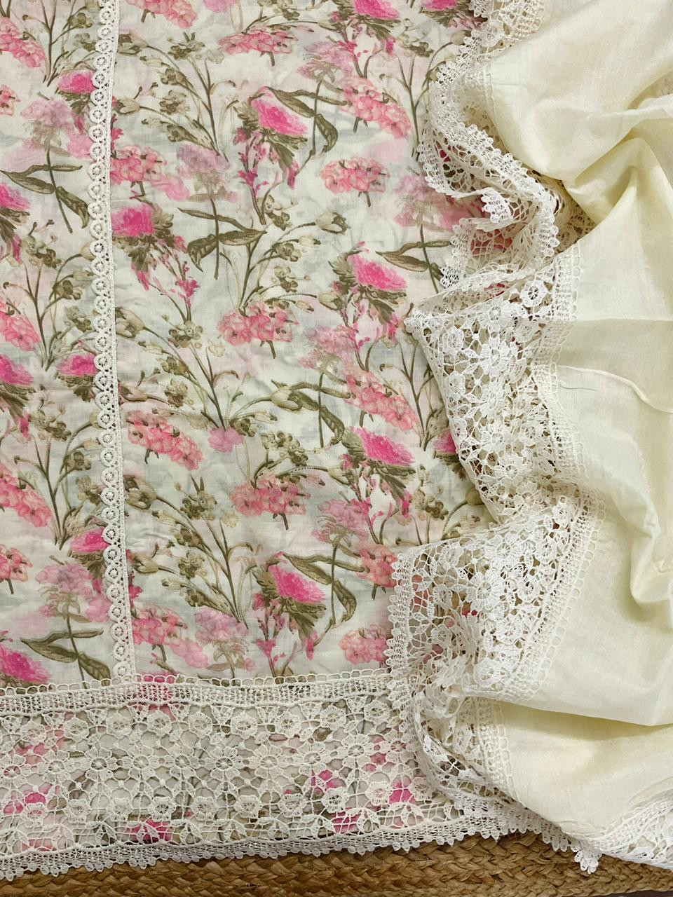 Pure Cotton Printed Embroidered Suit - Off White