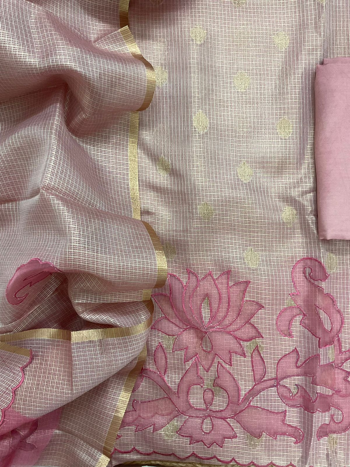 Soft Tissue Kota Silk Embroidered Suit - Pink