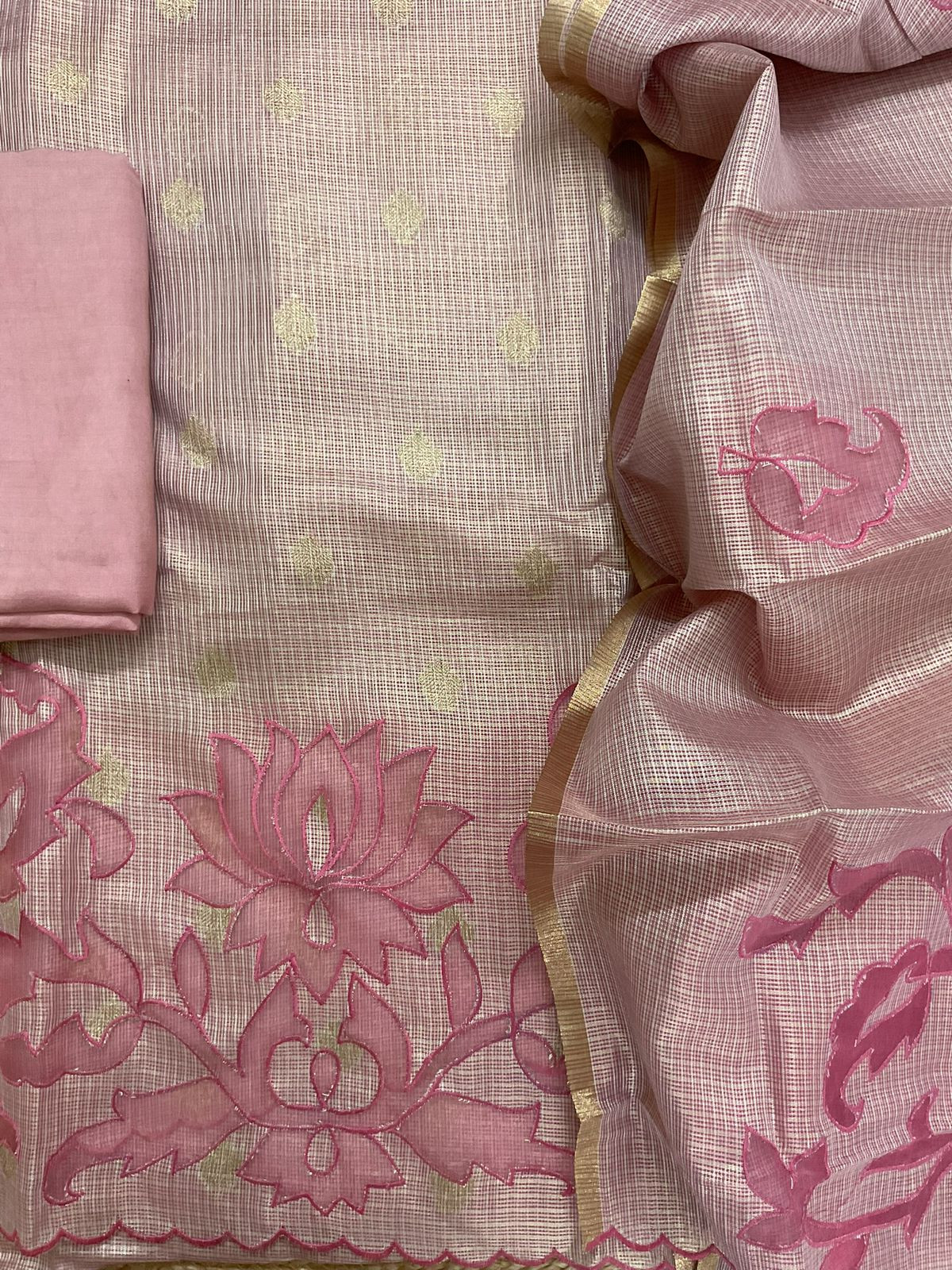 Soft Tissue Kota Silk Embroidered Suit - Pink